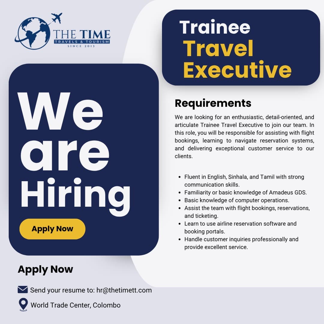 Trainee Travel Executive — job opening at The Time Travels Colombo